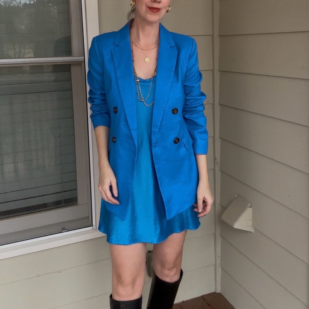 Ann Taylor Vibrant Blue Women’s Double-Breasted Blazer, Linen Blend Size 4
